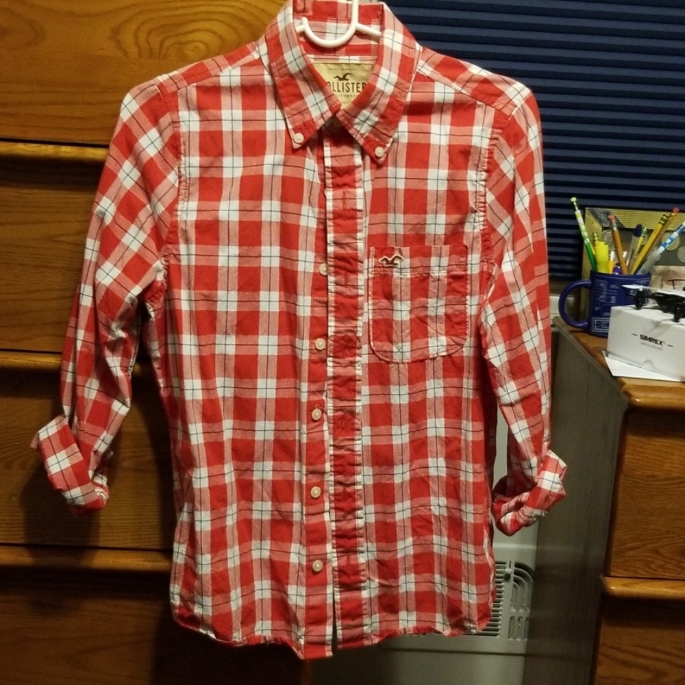 Red plaid button down casual shirt Hollister